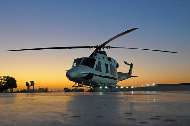 A Bell 412 gets ready for an early morning departure to offshore operations in Abu Dhabi.